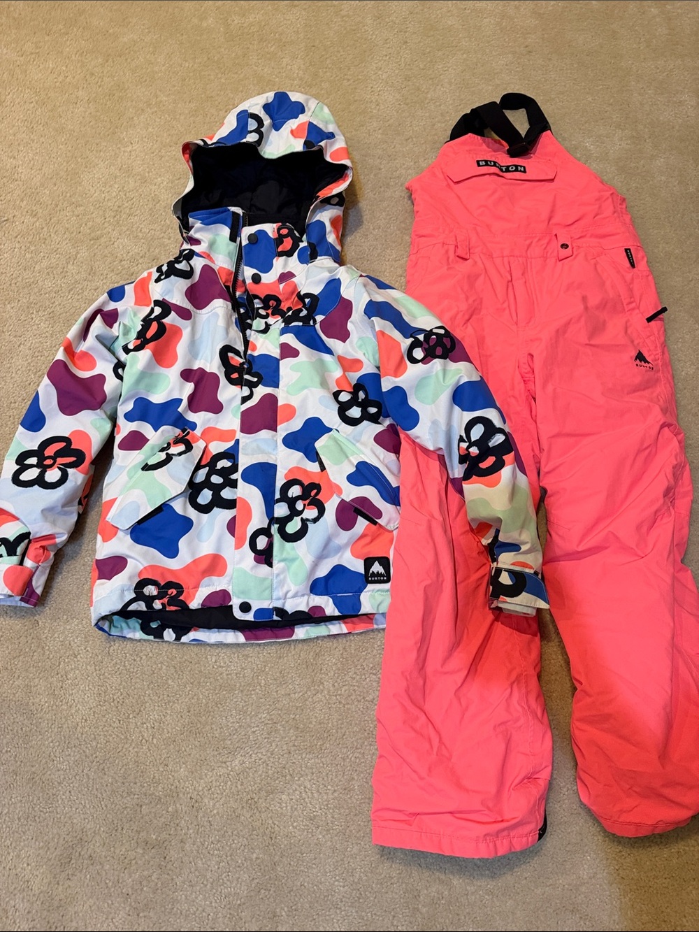 Burton Colorful Floral Print Ski Jacket and Coral Pink Bib Pants
